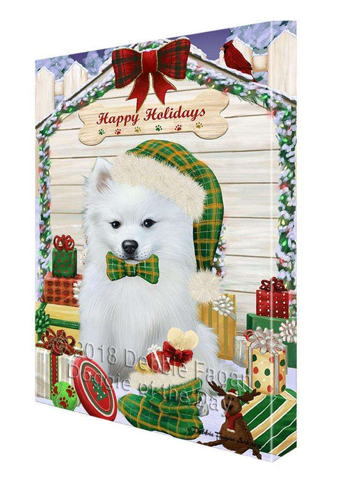 Happy Holidays Christmas American Eskimo Dog House with Presents Canvas Print Wall Art Décor CVS78335
