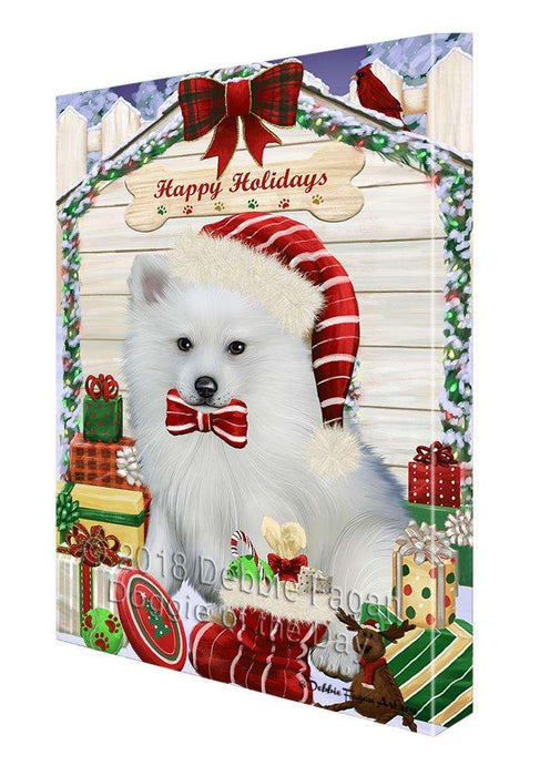 Happy Holidays Christmas American Eskimo Dog House with Presents Canvas Print Wall Art Décor CVS78344