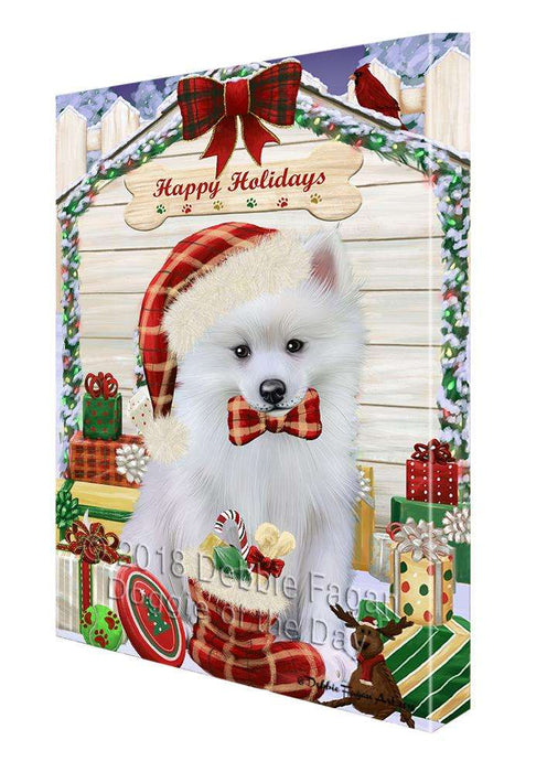 Happy Holidays Christmas American Eskimo Dog House with Presents Canvas Print Wall Art Décor CVS78353