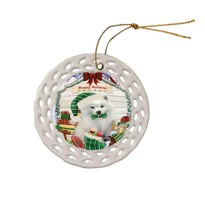 Happy Holidays Christmas American Eskimo Dog House with Presents Ceramic Doily Ornament DPOR51304