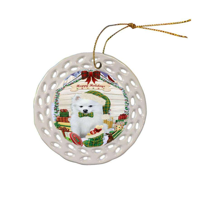 Happy Holidays Christmas American Eskimo Dog House with Presents Ceramic Doily Ornament DPOR51305