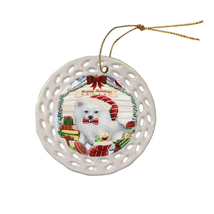 Happy Holidays Christmas American Eskimo Dog House with Presents Ceramic Doily Ornament DPOR51306