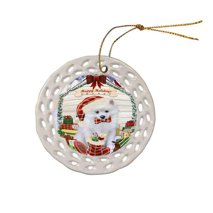Happy Holidays Christmas American Eskimo Dog House with Presents Ceramic Doily Ornament DPOR51307