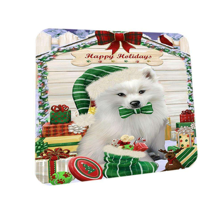Happy Holidays Christmas American Eskimo Dog House with Presents Coasters Set of 4 CST51263