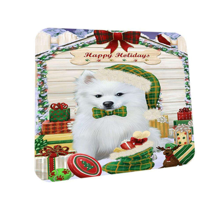 Happy Holidays Christmas American Eskimo Dog House with Presents Coasters Set of 4 CST51264