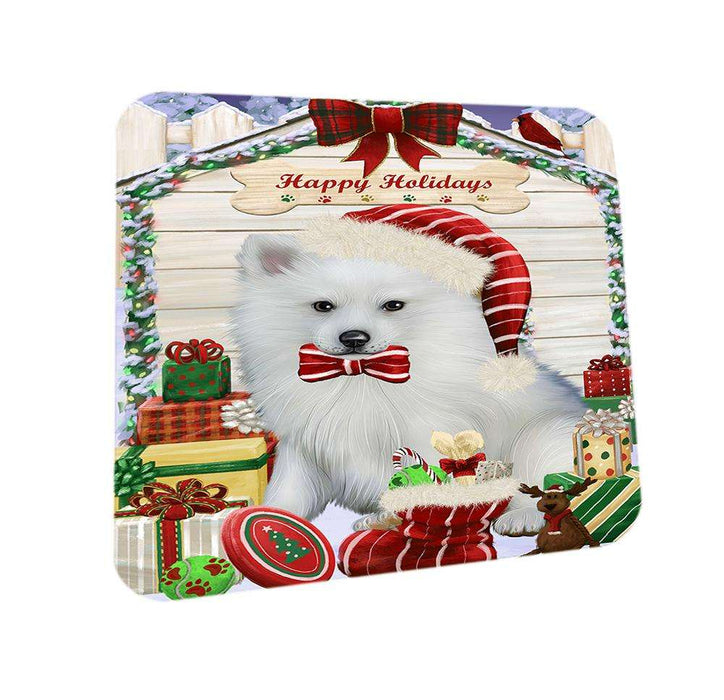 Happy Holidays Christmas American Eskimo Dog House with Presents Coasters Set of 4 CST51265