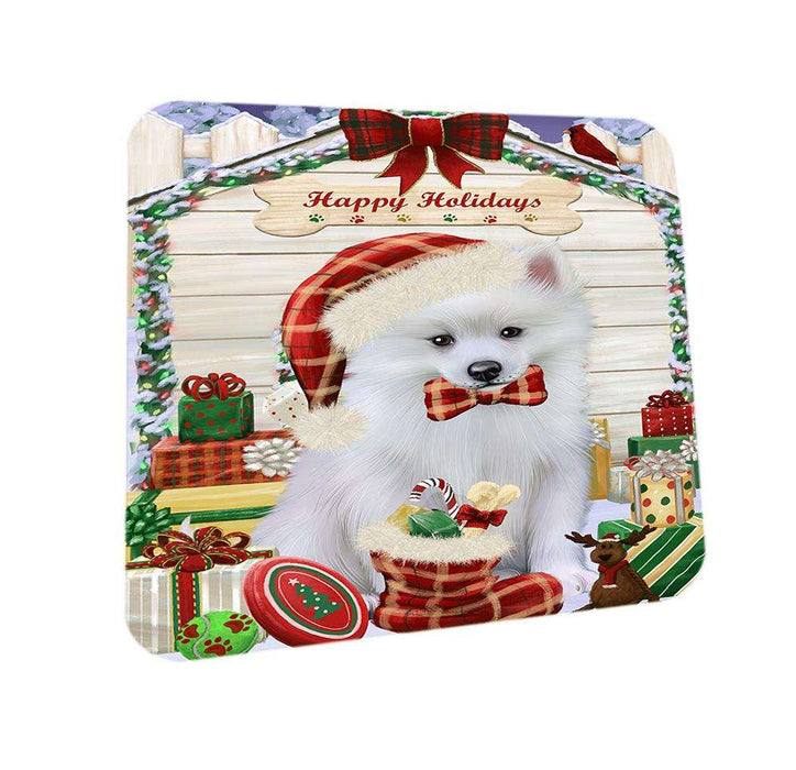 Happy Holidays Christmas American Eskimo Dog House with Presents Coasters Set of 4 CST51266