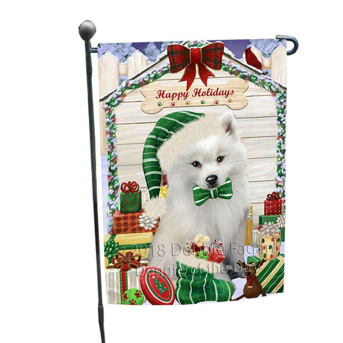 Happy Holidays Christmas American Eskimo Dog House with Presents Garden Flag GFLG51226