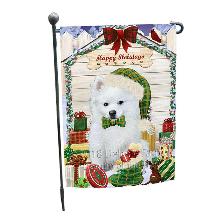 Happy Holidays Christmas American Eskimo Dog House with Presents Garden Flag GFLG51227