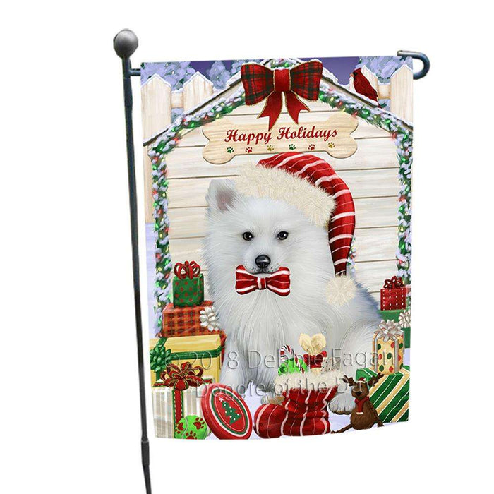 Happy Holidays Christmas American Eskimo Dog House with Presents Garden Flag GFLG51228