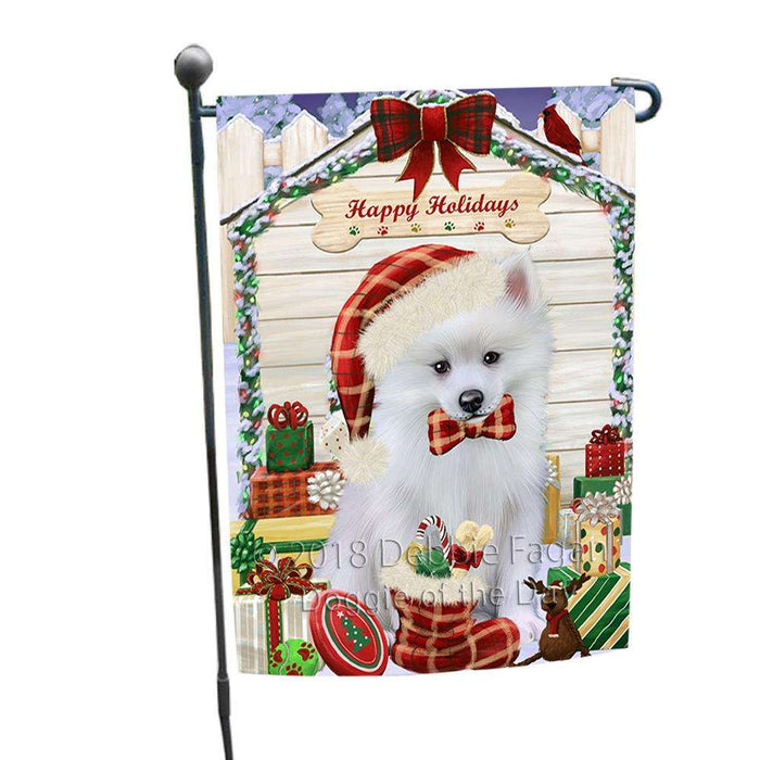 Happy Holidays Christmas American Eskimo Dog House with Presents Garden Flag GFLG51229