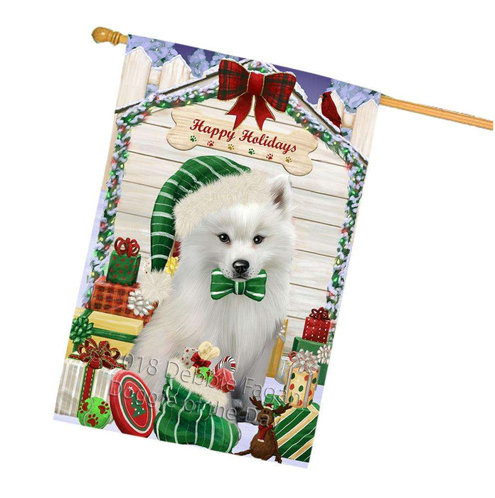 Happy Holidays Christmas American Eskimo Dog House with Presents House Flag FLG51362