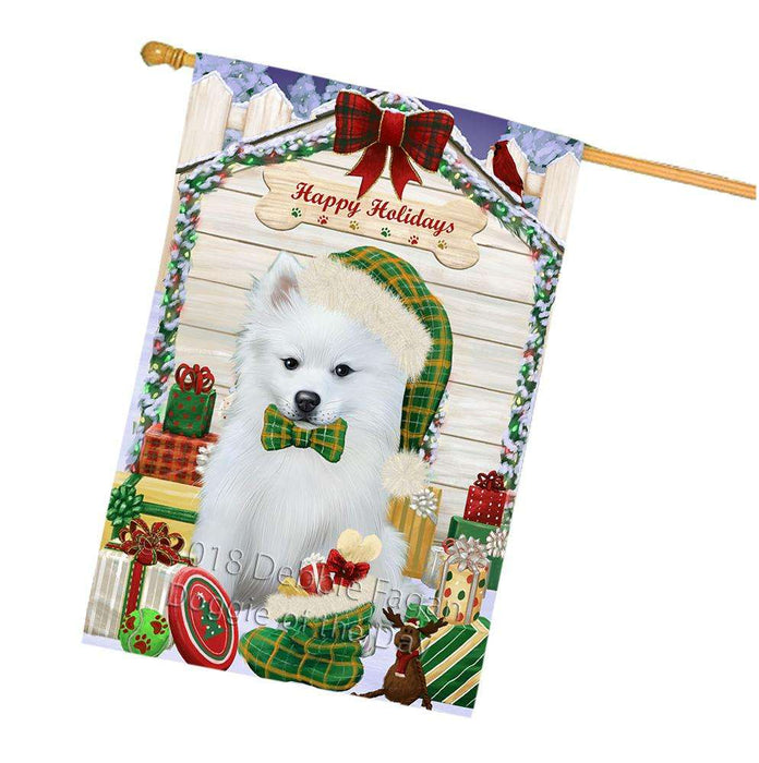 Happy Holidays Christmas American Eskimo Dog House with Presents House Flag FLG51363