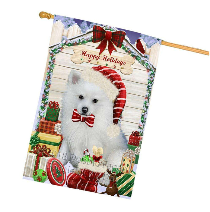 Happy Holidays Christmas American Eskimo Dog House with Presents House Flag FLG51364