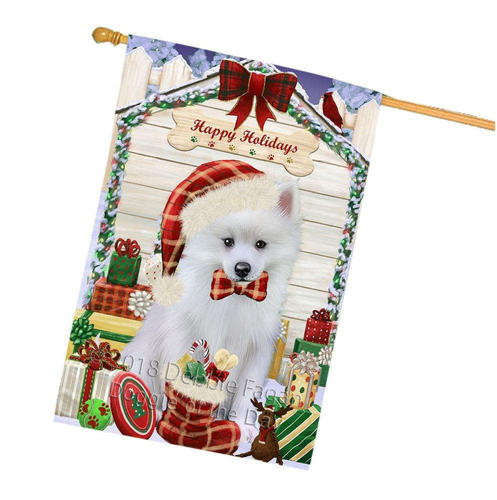 Happy Holidays Christmas American Eskimo Dog House with Presents House Flag FLG51365