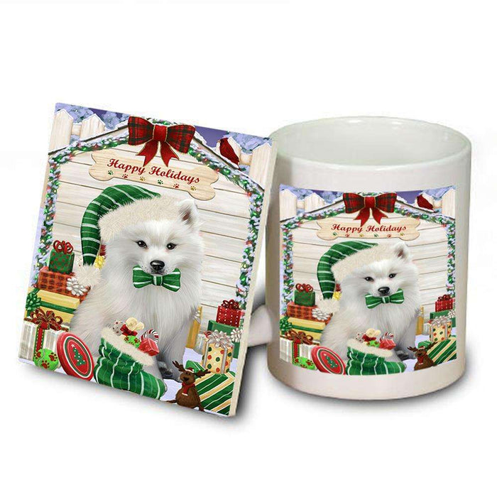 Happy Holidays Christmas American Eskimo Dog House with Presents Mug and Coaster Set MUC51296