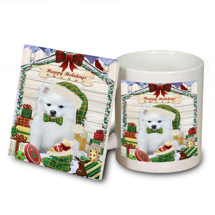 Happy Holidays Christmas American Eskimo Dog House with Presents Mug and Coaster Set MUC51297