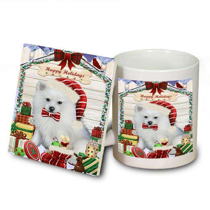 Happy Holidays Christmas American Eskimo Dog House with Presents Mug and Coaster Set MUC51298