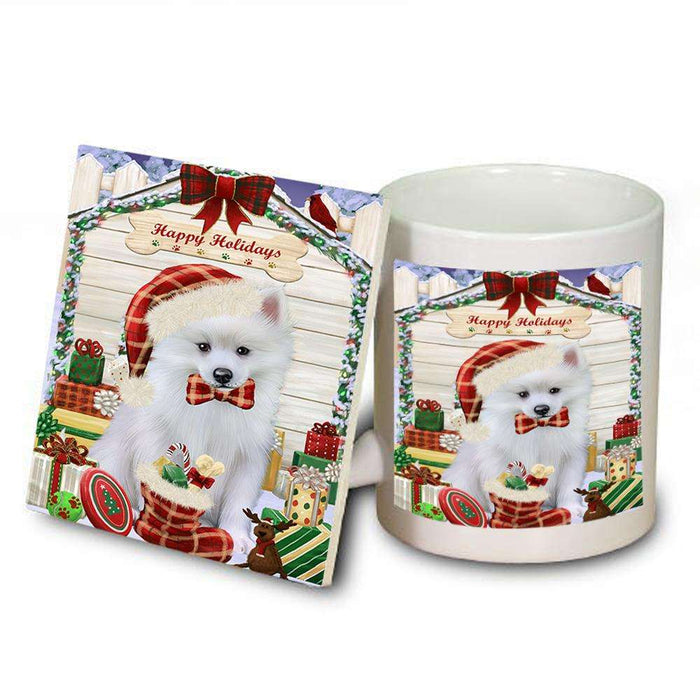 Happy Holidays Christmas American Eskimo Dog House with Presents Mug and Coaster Set MUC51299