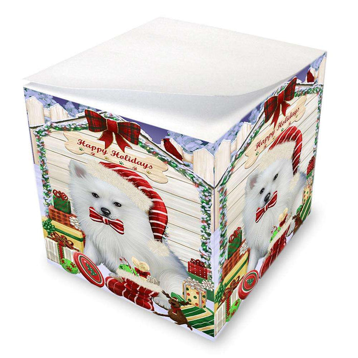 Happy Holidays Christmas American Eskimo Dog House with Presents Note Cube NOC51306