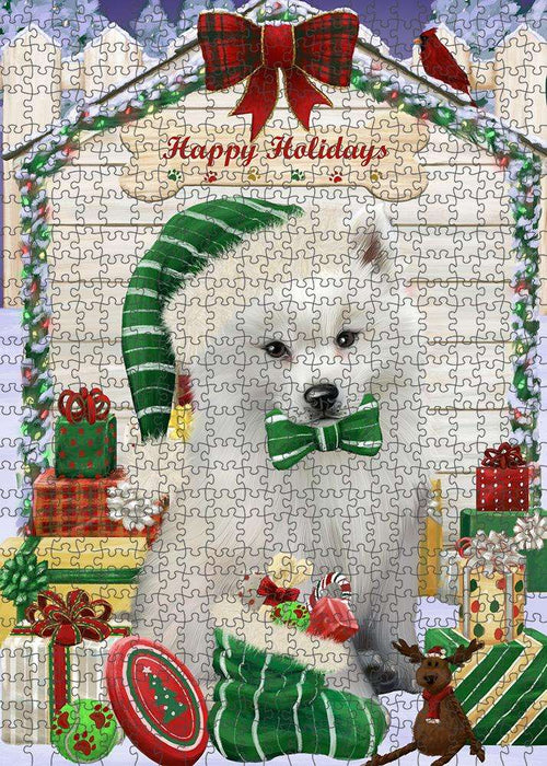 Happy Holidays Christmas American Eskimo Dog House with Presents Puzzle with Photo Tin PUZL57774