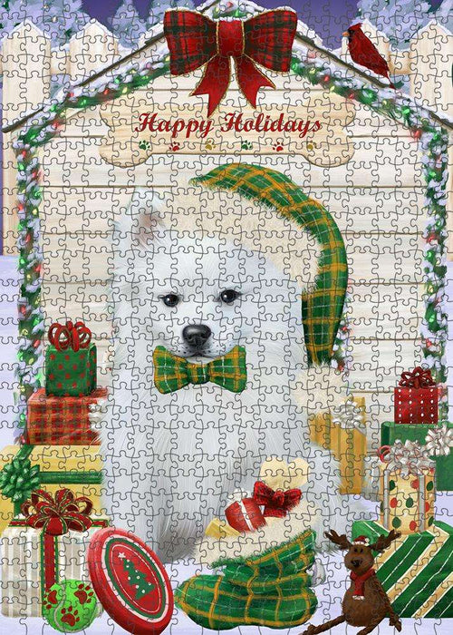 Happy Holidays Christmas American Eskimo Dog House with Presents Puzzle with Photo Tin PUZL57777