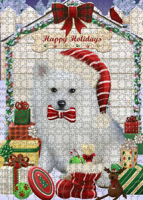 Happy Holidays Christmas American Eskimo Dog House with Presents Puzzle with Photo Tin PUZL57780