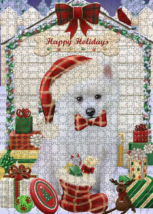 Happy Holidays Christmas American Eskimo Dog House with Presents Puzzle with Photo Tin PUZL57783