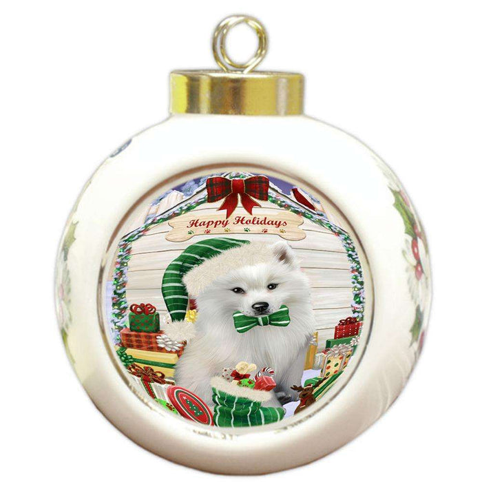 Happy Holidays Christmas American Eskimo Dog House with Presents Round Ball Christmas Ornament RBPOR51304