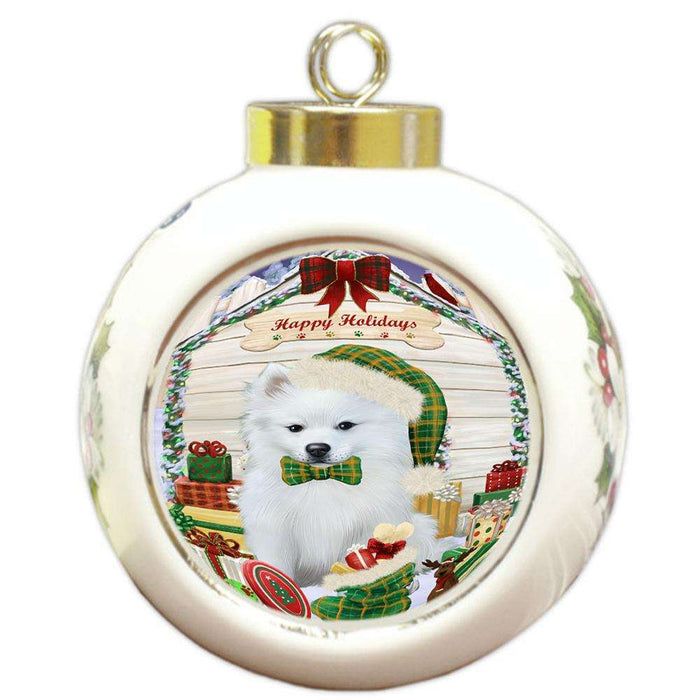 Happy Holidays Christmas American Eskimo Dog House with Presents Round Ball Christmas Ornament RBPOR51305