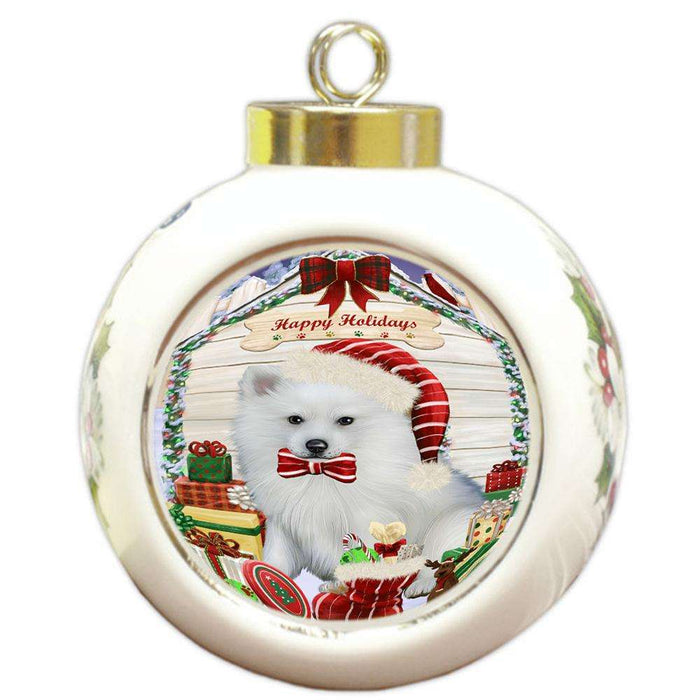 Happy Holidays Christmas American Eskimo Dog House with Presents Round Ball Christmas Ornament RBPOR51306