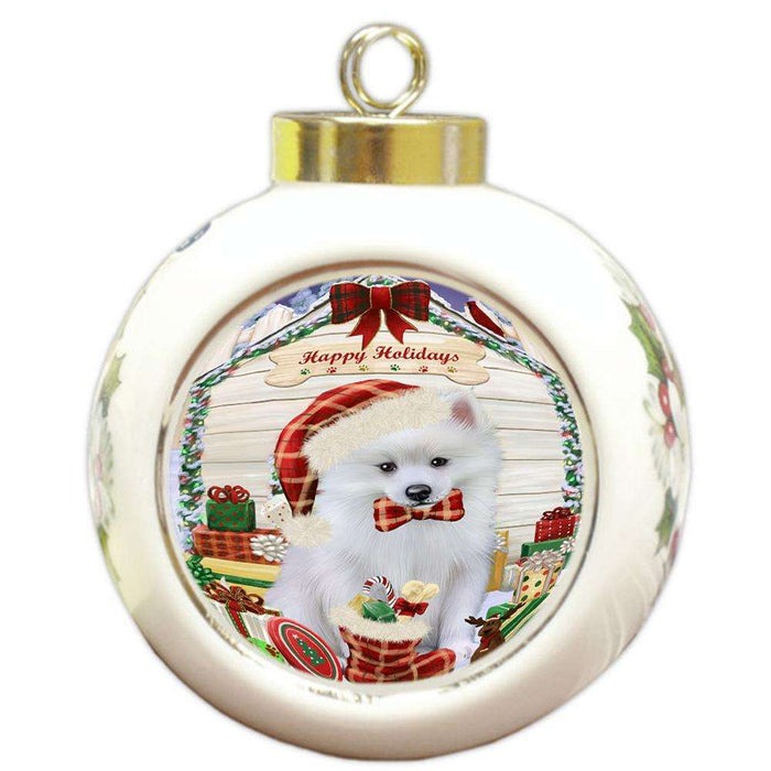 Happy Holidays Christmas American Eskimo Dog House with Presents Round Ball Christmas Ornament RBPOR51307
