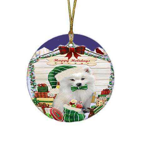 Happy Holidays Christmas American Eskimo Dog House with Presents Round Flat Christmas Ornament RFPOR51295