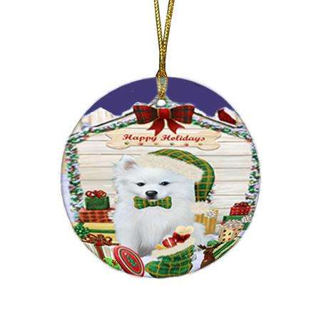 Happy Holidays Christmas American Eskimo Dog House with Presents Round Flat Christmas Ornament RFPOR51296