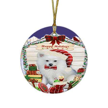 Happy Holidays Christmas American Eskimo Dog House with Presents Round Flat Christmas Ornament RFPOR51297