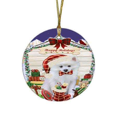 Happy Holidays Christmas American Eskimo Dog House with Presents Round Flat Christmas Ornament RFPOR51298