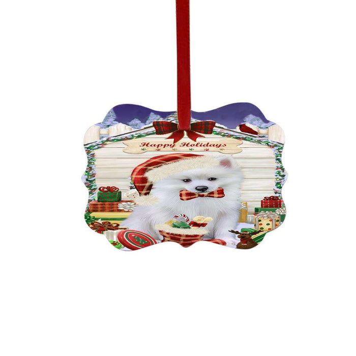 Happy Holidays Christmas American Eskimo House With Presents Double-Sided Photo Benelux Christmas Ornament LOR49753