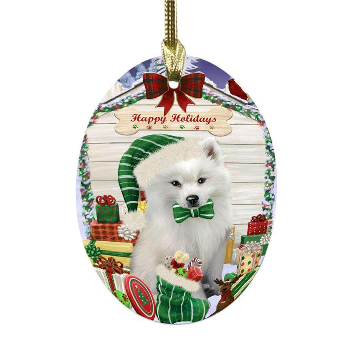 Happy Holidays Christmas American Eskimo House With Presents Oval Glass Christmas Ornament OGOR49750