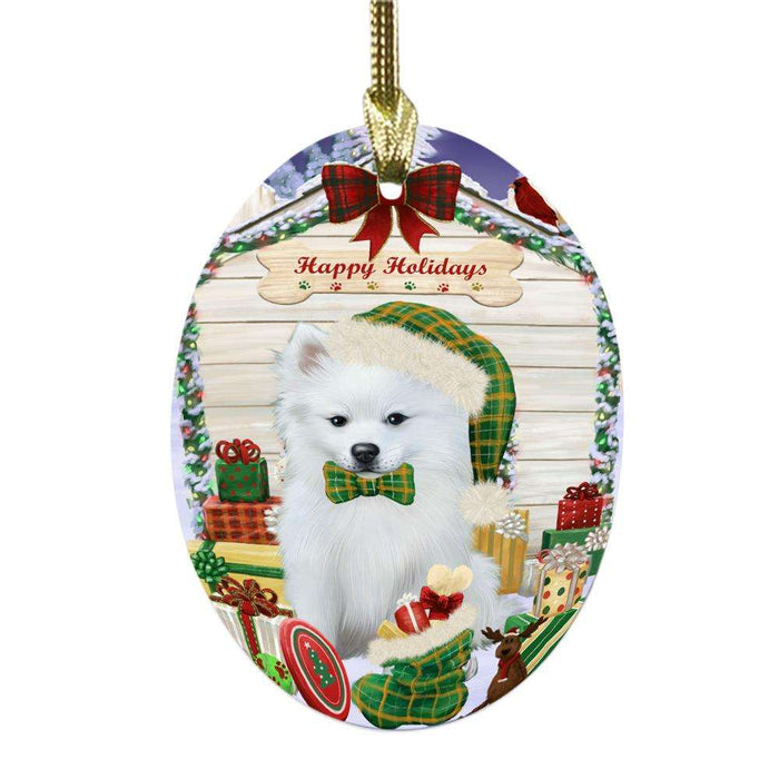 Happy Holidays Christmas American Eskimo House With Presents Oval Glass Christmas Ornament OGOR49751
