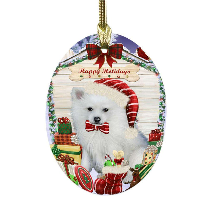 Happy Holidays Christmas American Eskimo House With Presents Oval Glass Christmas Ornament OGOR49752