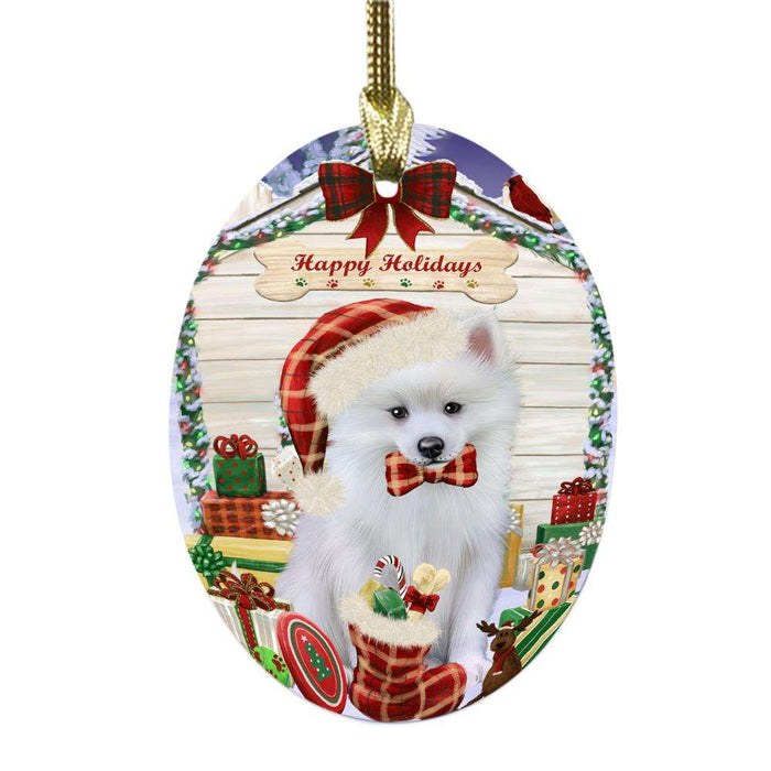 Happy Holidays Christmas American Eskimo House With Presents Oval Glass Christmas Ornament OGOR49753