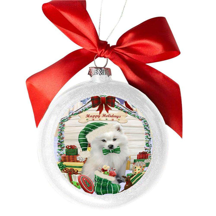 Happy Holidays Christmas American Eskimo House With Presents White Round Ball Christmas Ornament WBSOR49750