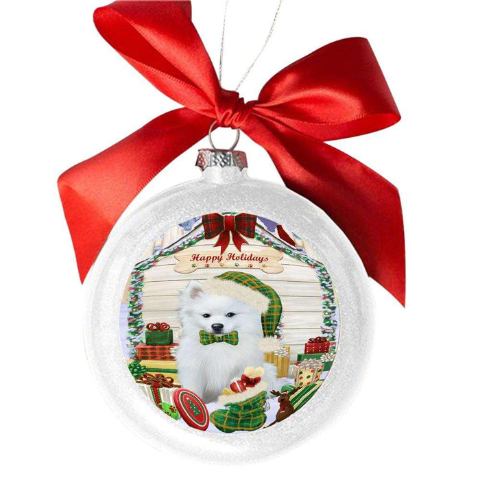 Happy Holidays Christmas American Eskimo House With Presents White Round Ball Christmas Ornament WBSOR49751