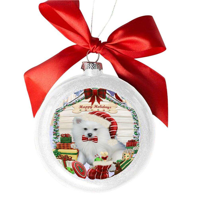 Happy Holidays Christmas American Eskimo House With Presents White Round Ball Christmas Ornament WBSOR49752