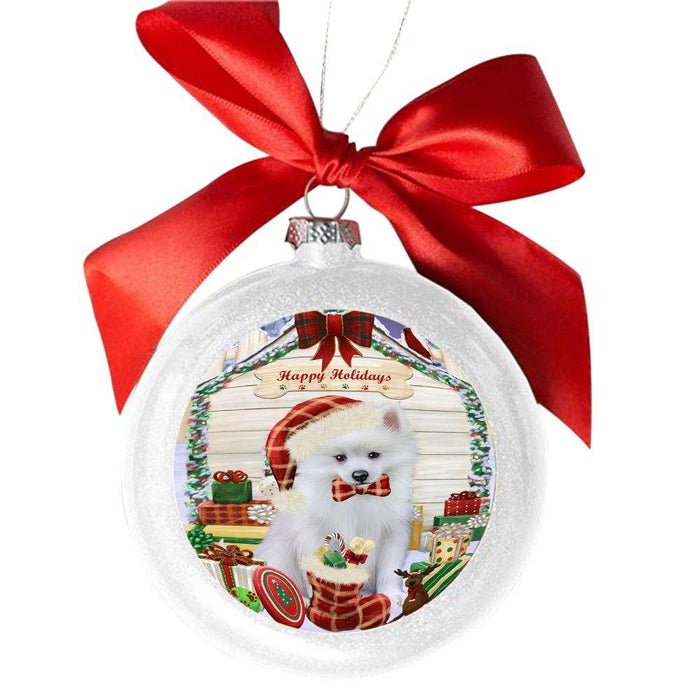 Happy Holidays Christmas American Eskimo House With Presents White Round Ball Christmas Ornament WBSOR49753