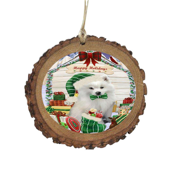 Happy Holidays Christmas American Eskimo House With Presents Wooden Christmas Ornament WOR49750