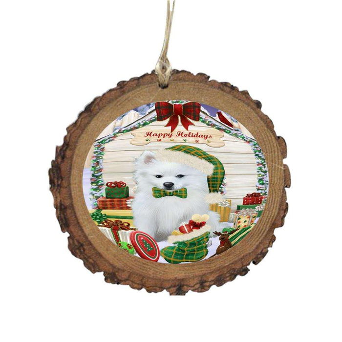 Happy Holidays Christmas American Eskimo House With Presents Wooden Christmas Ornament WOR49751