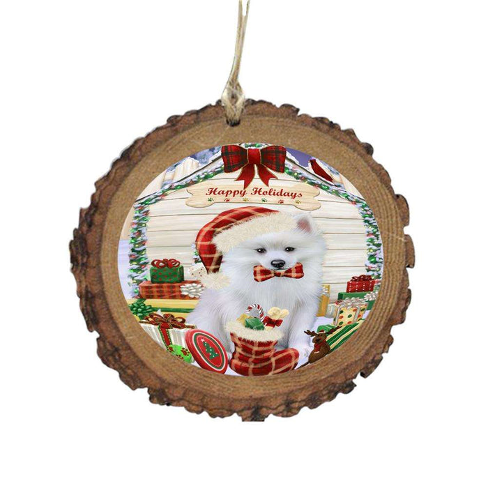 Happy Holidays Christmas American Eskimo House With Presents Wooden Christmas Ornament WOR49753
