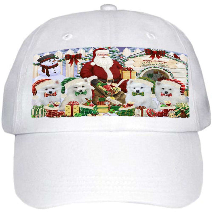 Happy Holidays Christmas American Eskimos Dog House Gathering Ball Hat Cap HAT57546