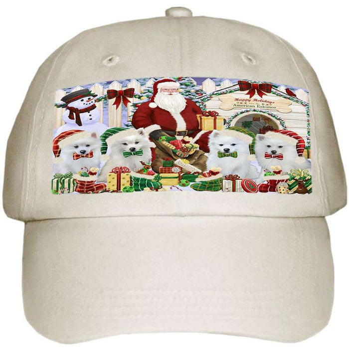 Happy Holidays Christmas American Eskimos Dog House Gathering Ball Hat Cap HAT57546